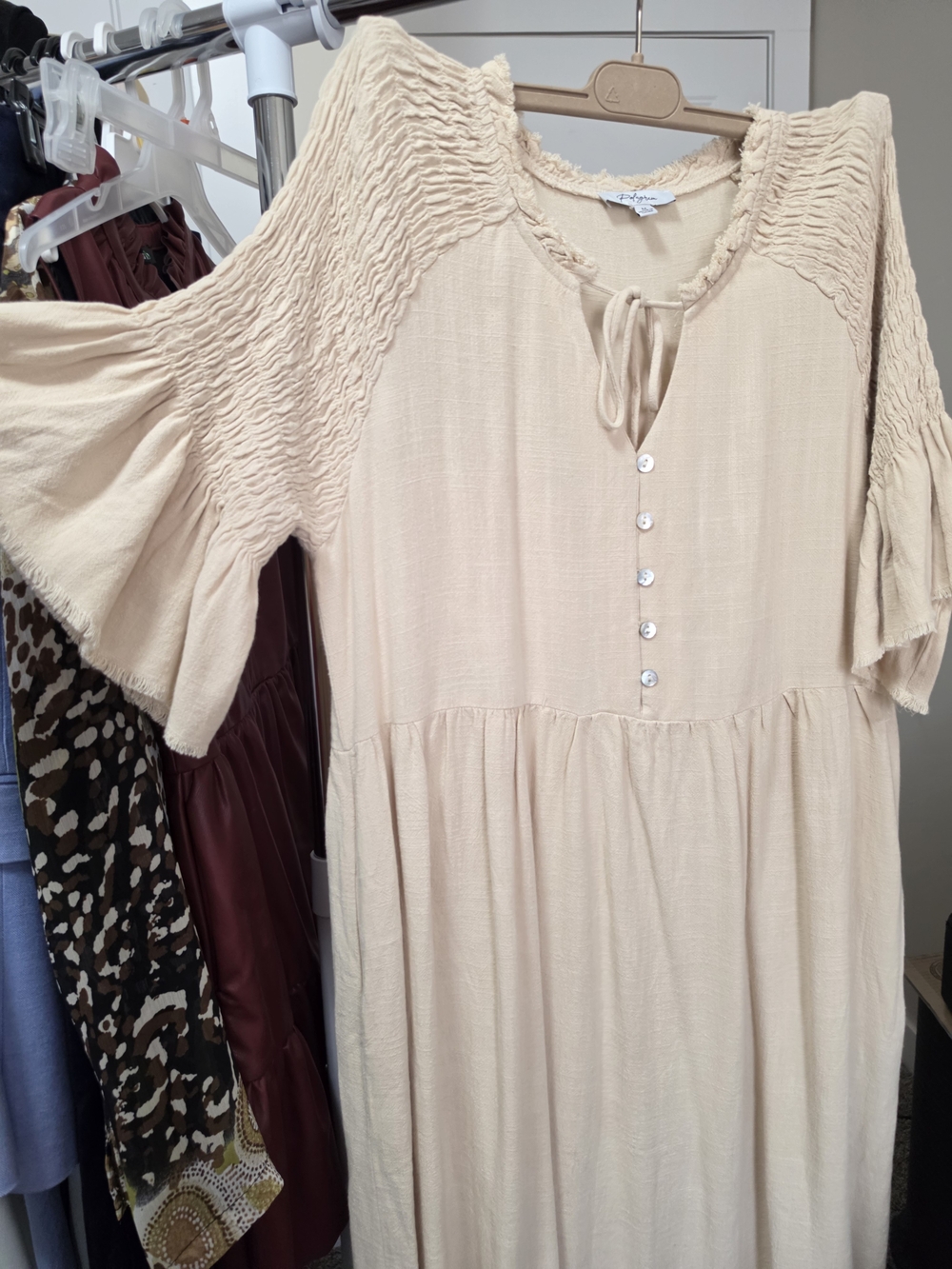 Polagram Cream Button-Front Boho Midi Dress Medium